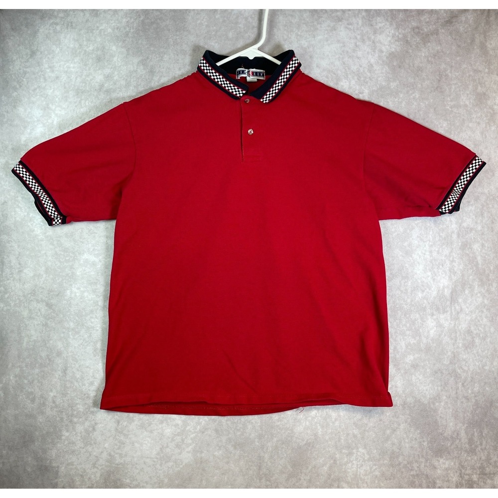 VINTAGE Racing Polo Shirt Mens Large Red Cotton Checkered Motor Sports Made USA